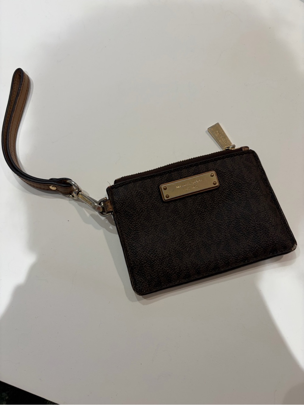 Michael Kors Dark Brown Leather Wristlet Pouch with Gold Hardware